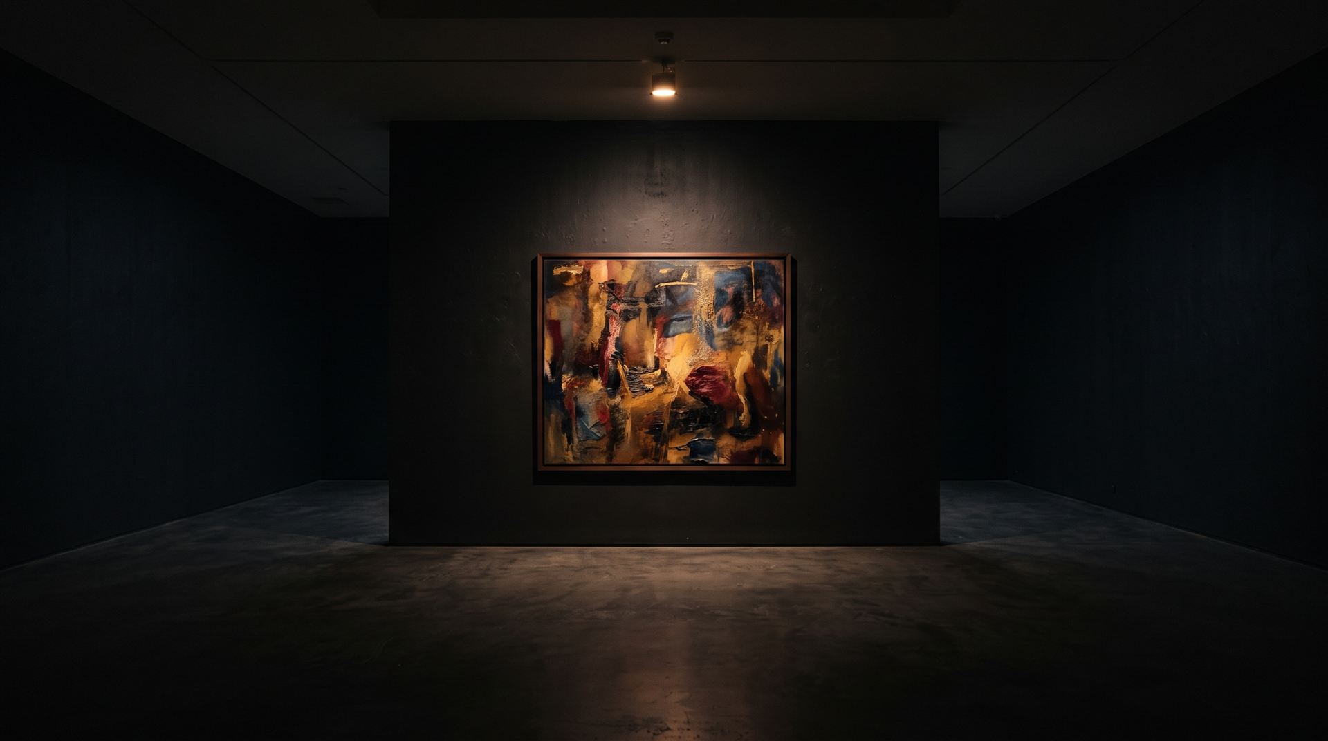 어두운 전시장에서 조명을 받은 그림 한 점 — 연출 이미지